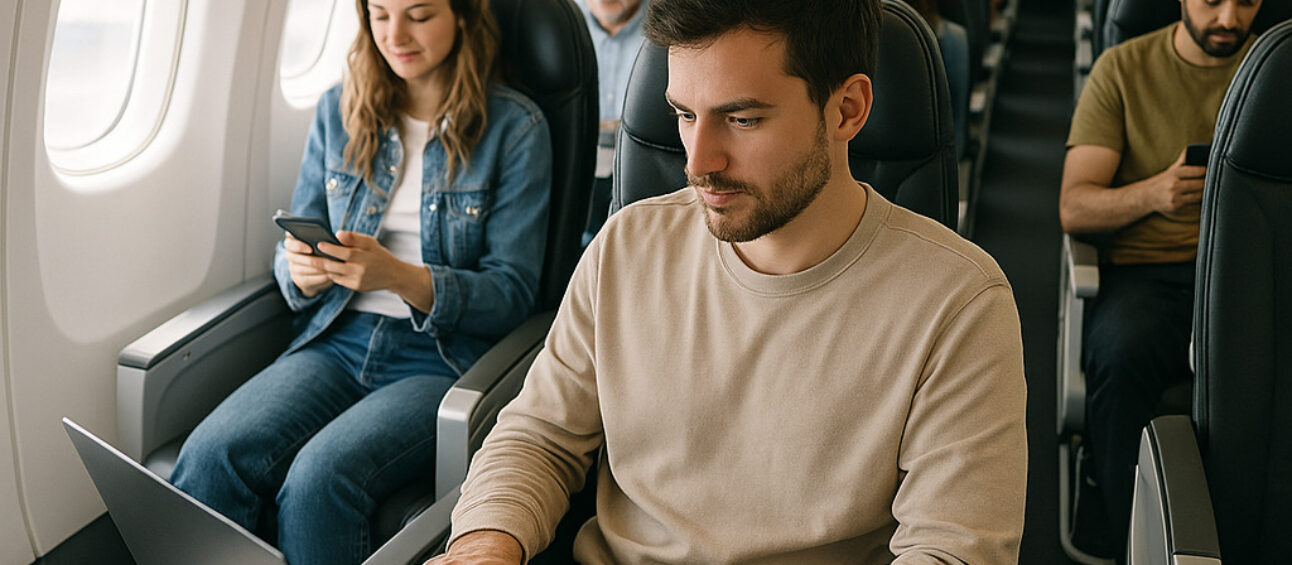 A modern airplane interior with casual dressed passengers The focus is on a person in the foregroun 1