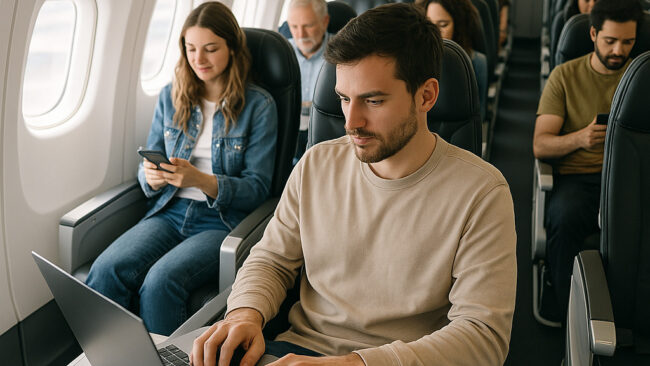 A modern airplane interior with casual dressed passengers The focus is on a person in the foregroun 1